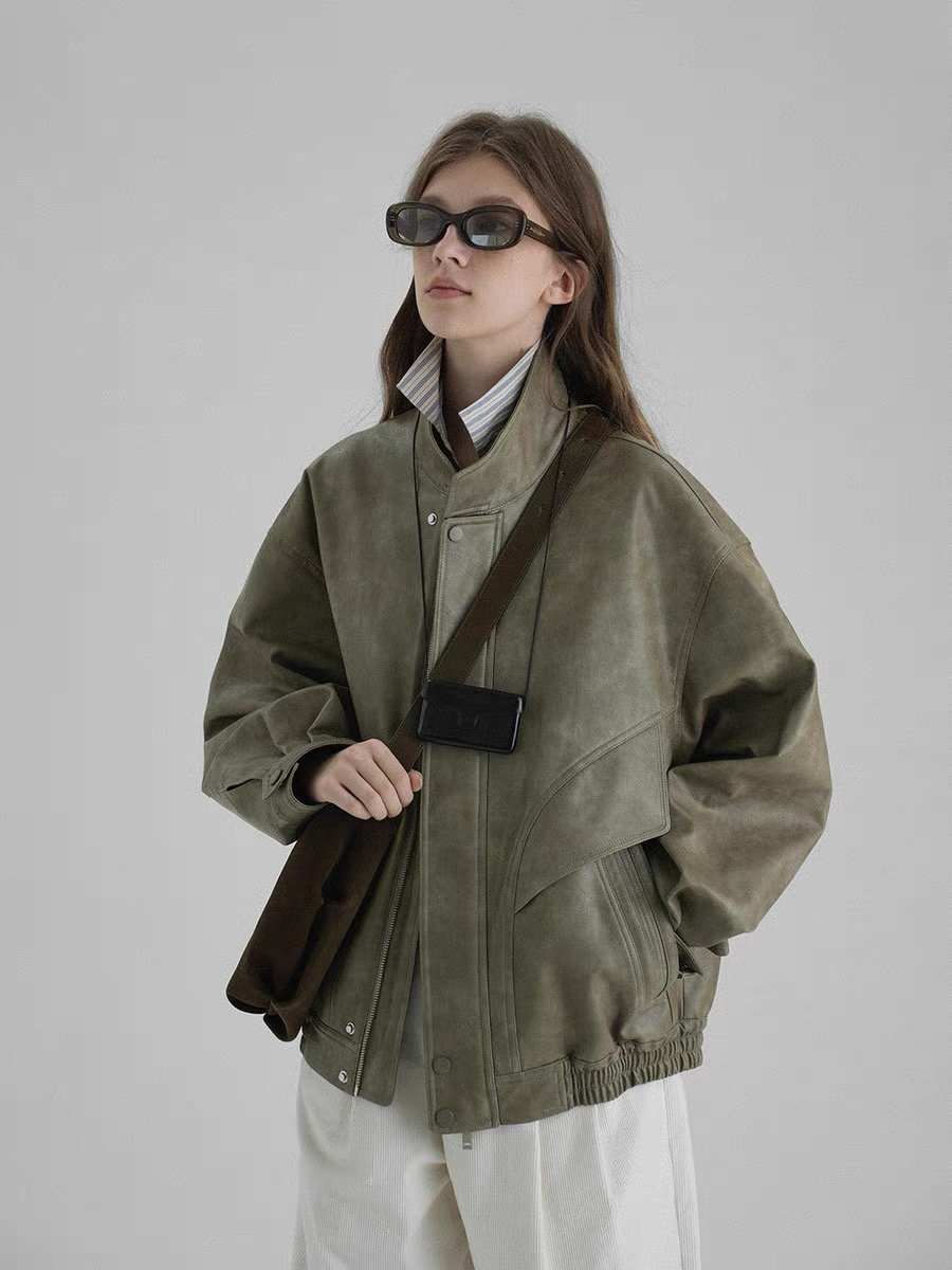 Pilot Jacket with Stand Collar Leather Jacket - 图片 4