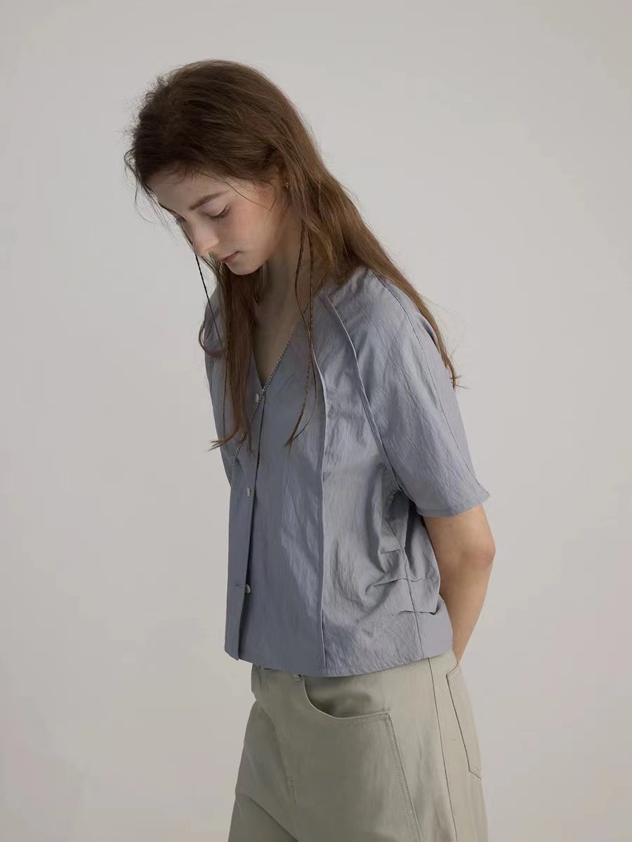 Vintage V-Neck Short Sleeve Shirt T-shirt for Women - 图片 3