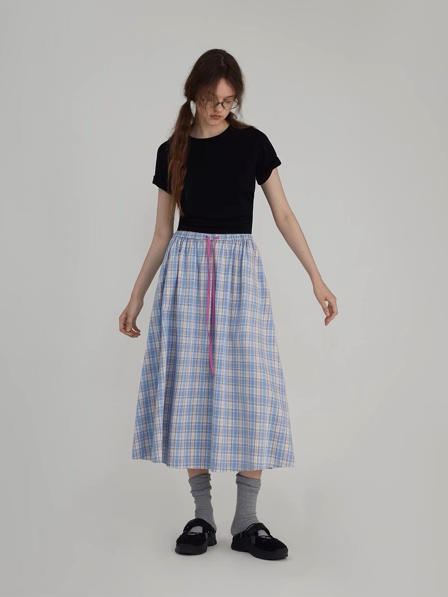 Summer Comic-Style Color-Blocked Checkered A-Line Skirt - 图片 2