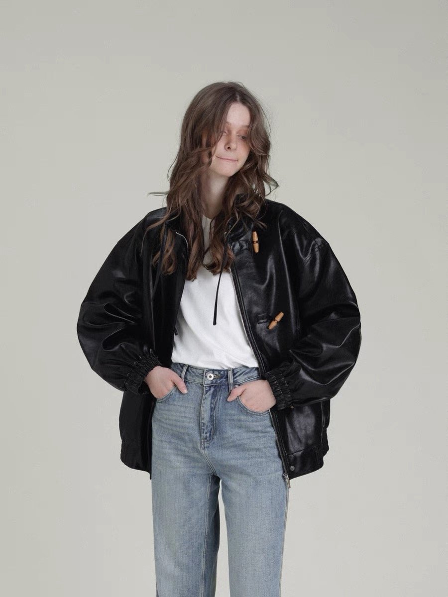 Cool Girl Black Leather Jacket with Toggle Buttons and Stand Collar