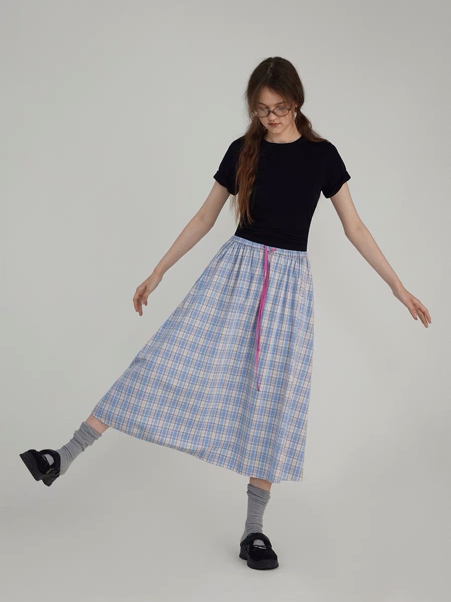 Summer Comic-Style Color-Blocked Checkered A-Line Skirt - 图片 3