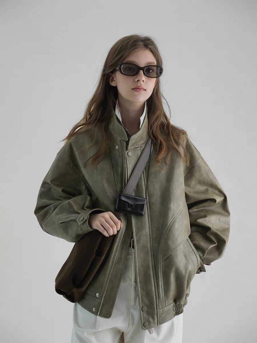 Pilot Jacket with Stand Collar Leather Jacket - 图片 3