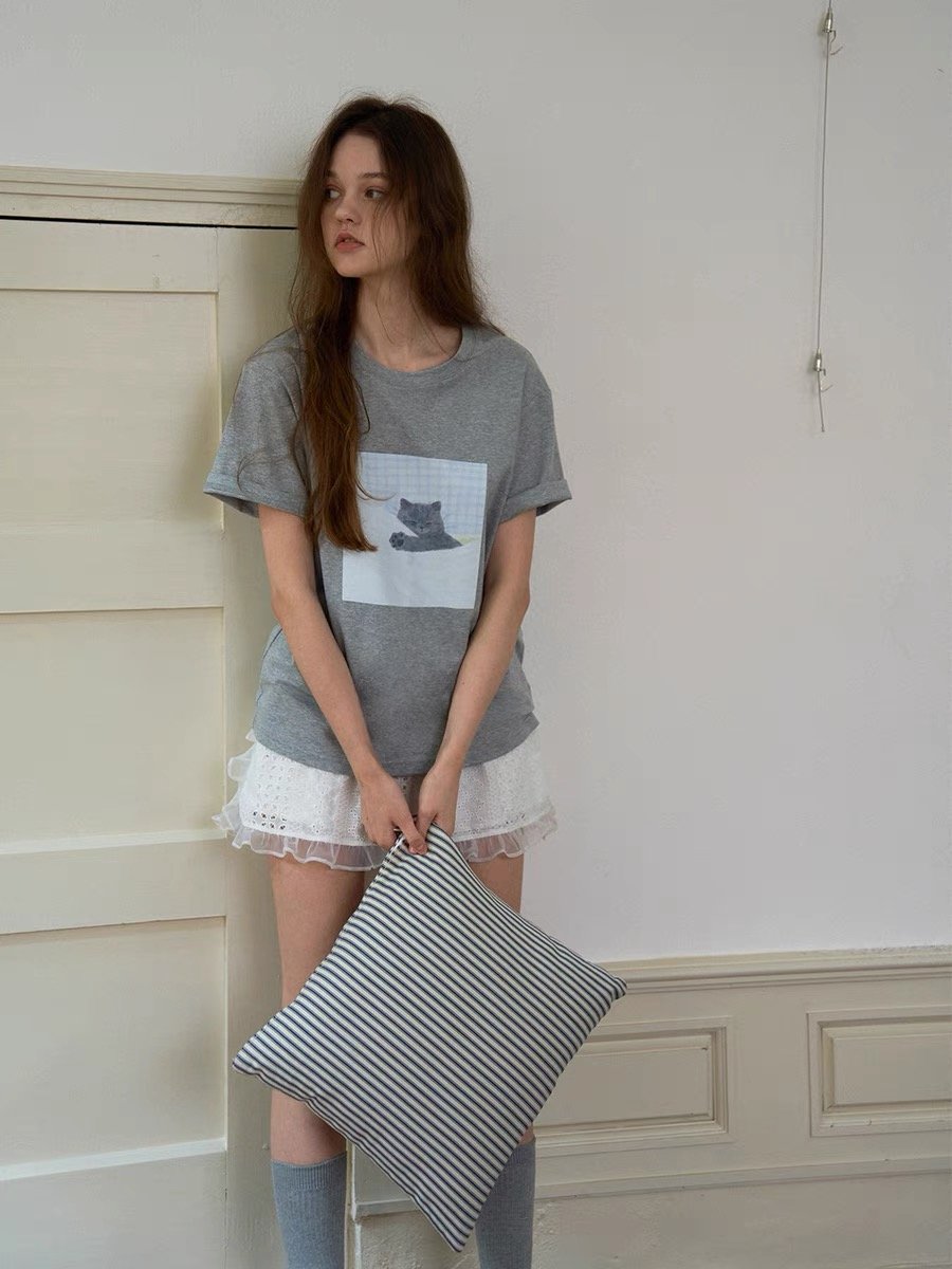 Cat Print Cotton Short-Sleeve T-Shirt - 图片 2
