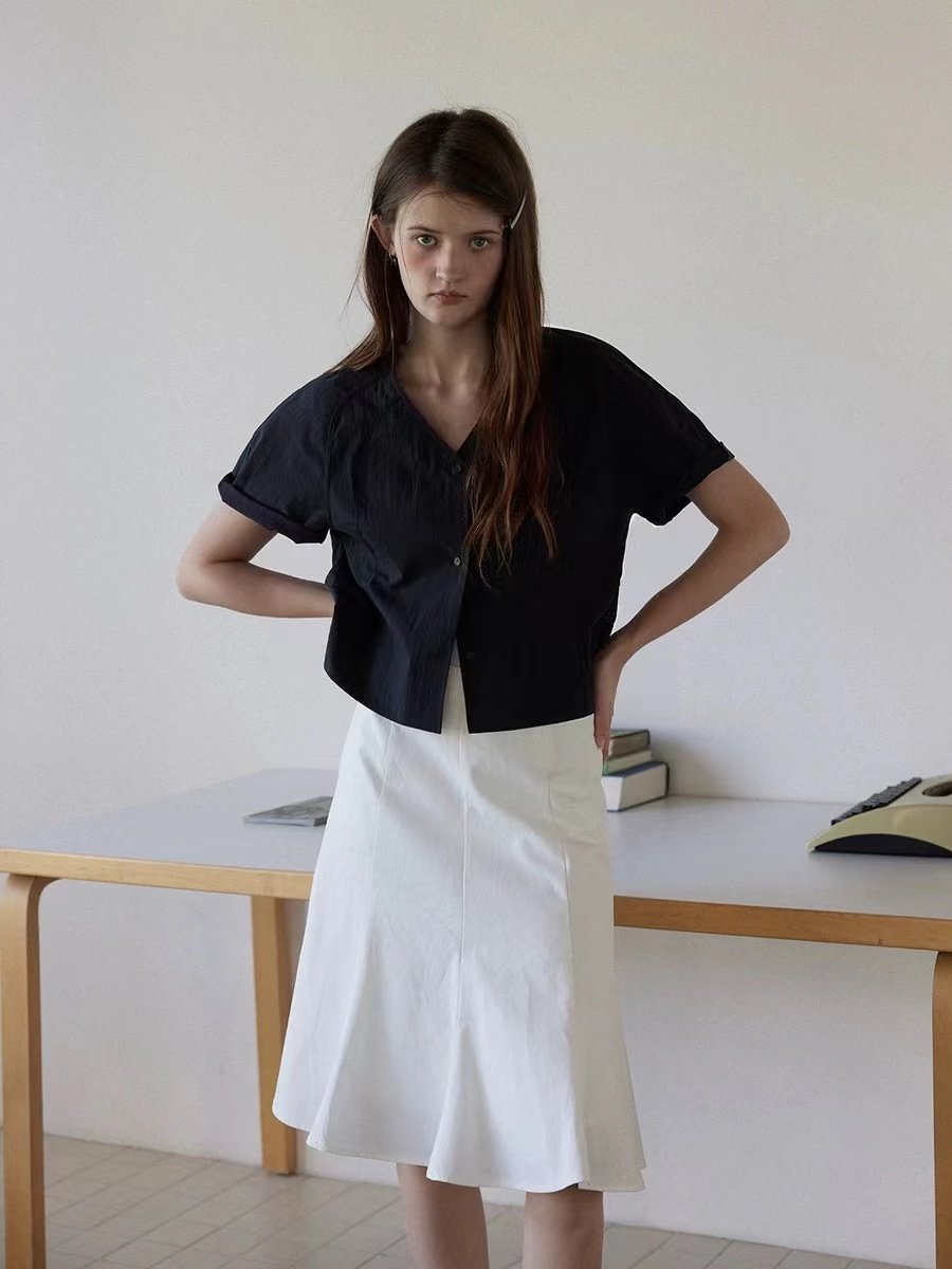 Vintage V-Neck Short Sleeve Shirt T-shirt for Women - 图片 4