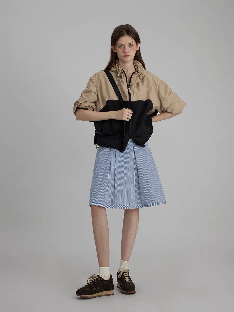 Nordic Blue Striped Pleated High-Waisted Skirt - 图片 3