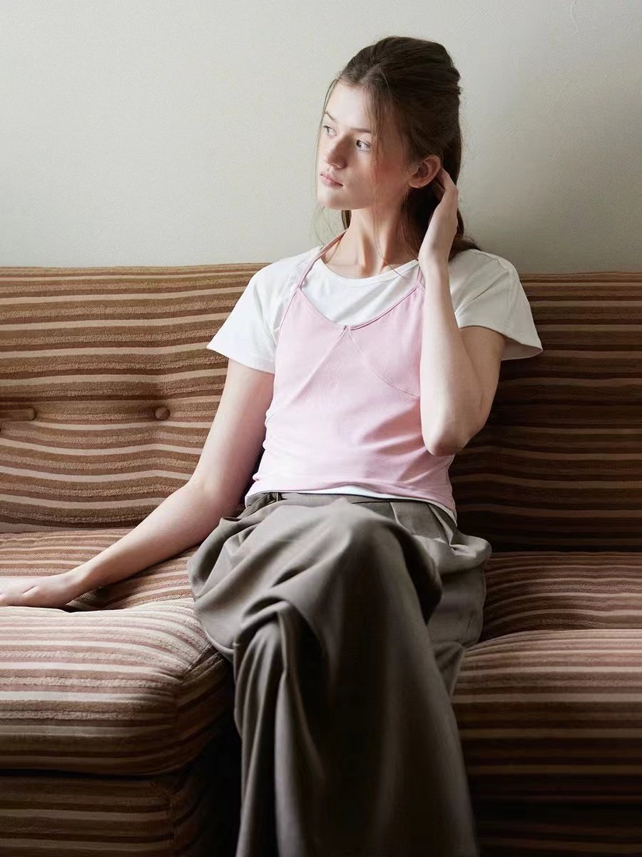 Round Neck Slimming Short Sleeve T-shirt with Tank Top Set - 图片 4