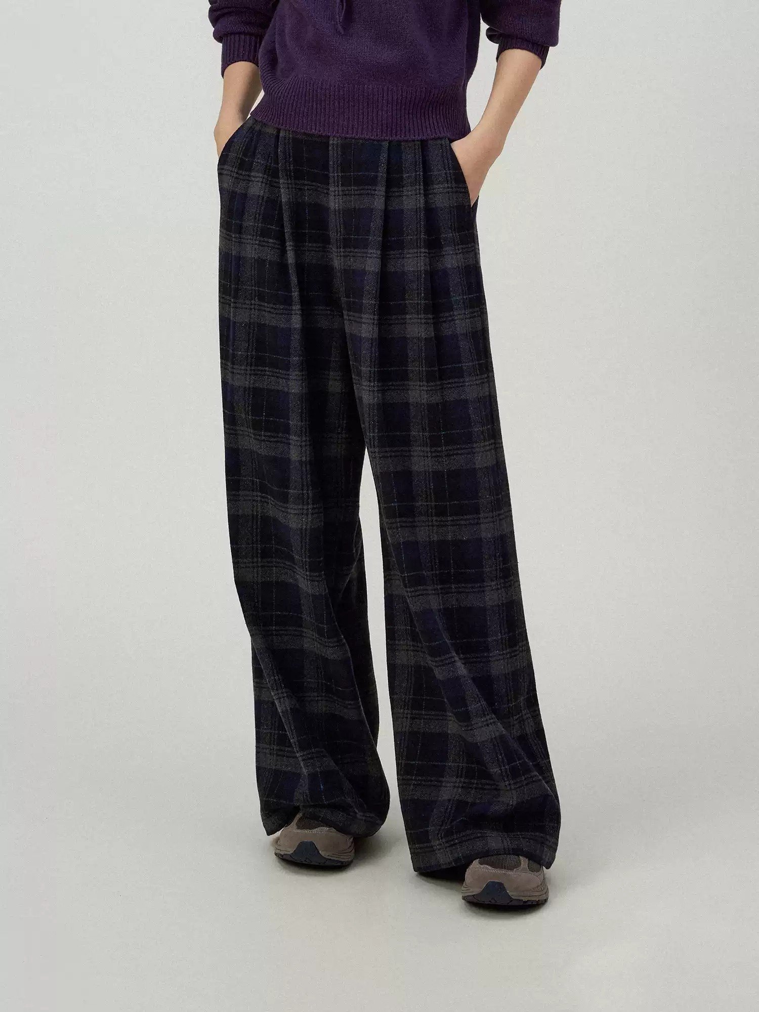 Wool Blend Plaid High-Waisted Slimming Wide-Leg Pants - 图片 5