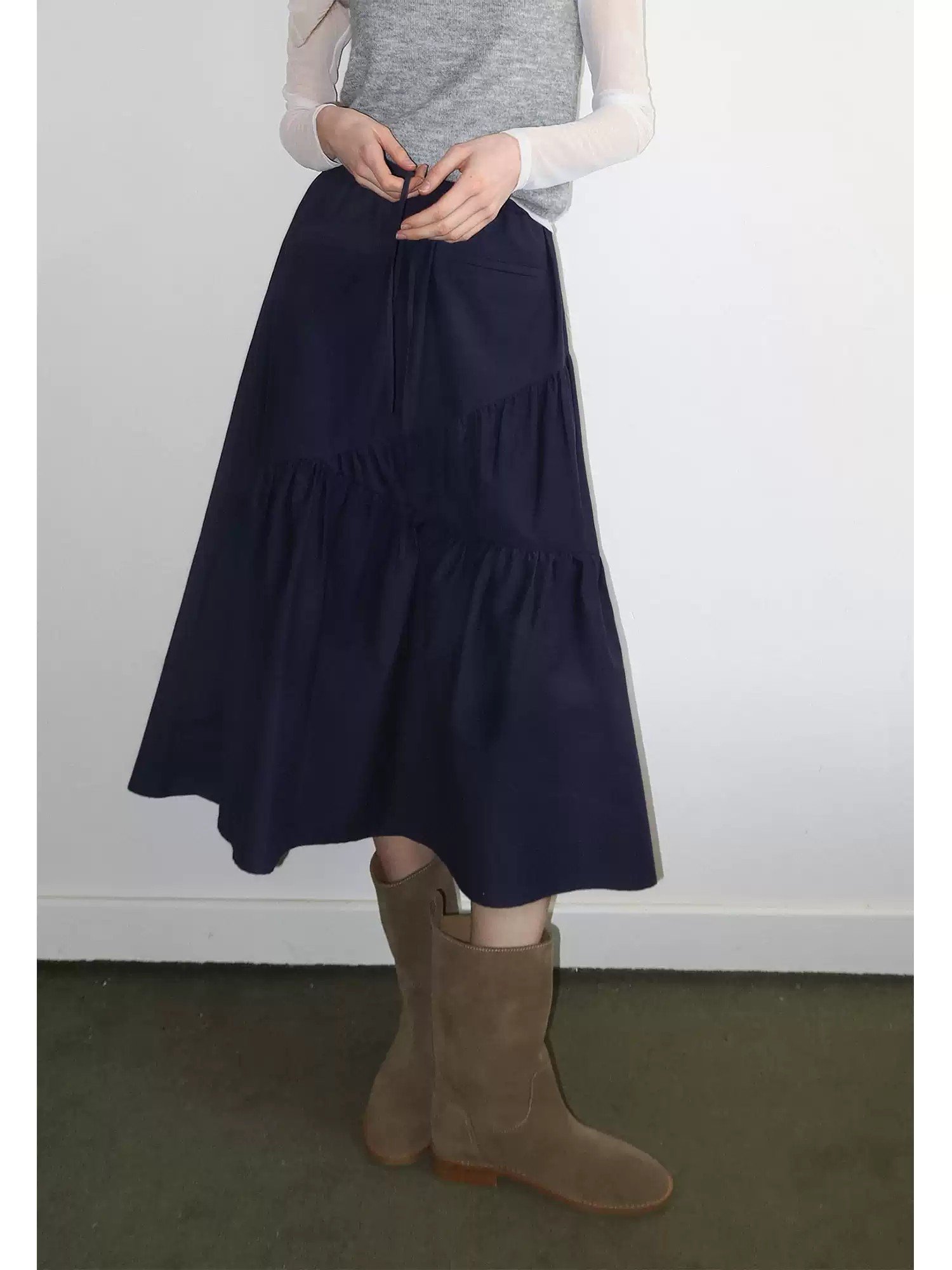 Vintage Ruffled Irregular Tiered Midi Skirt - 图片 3