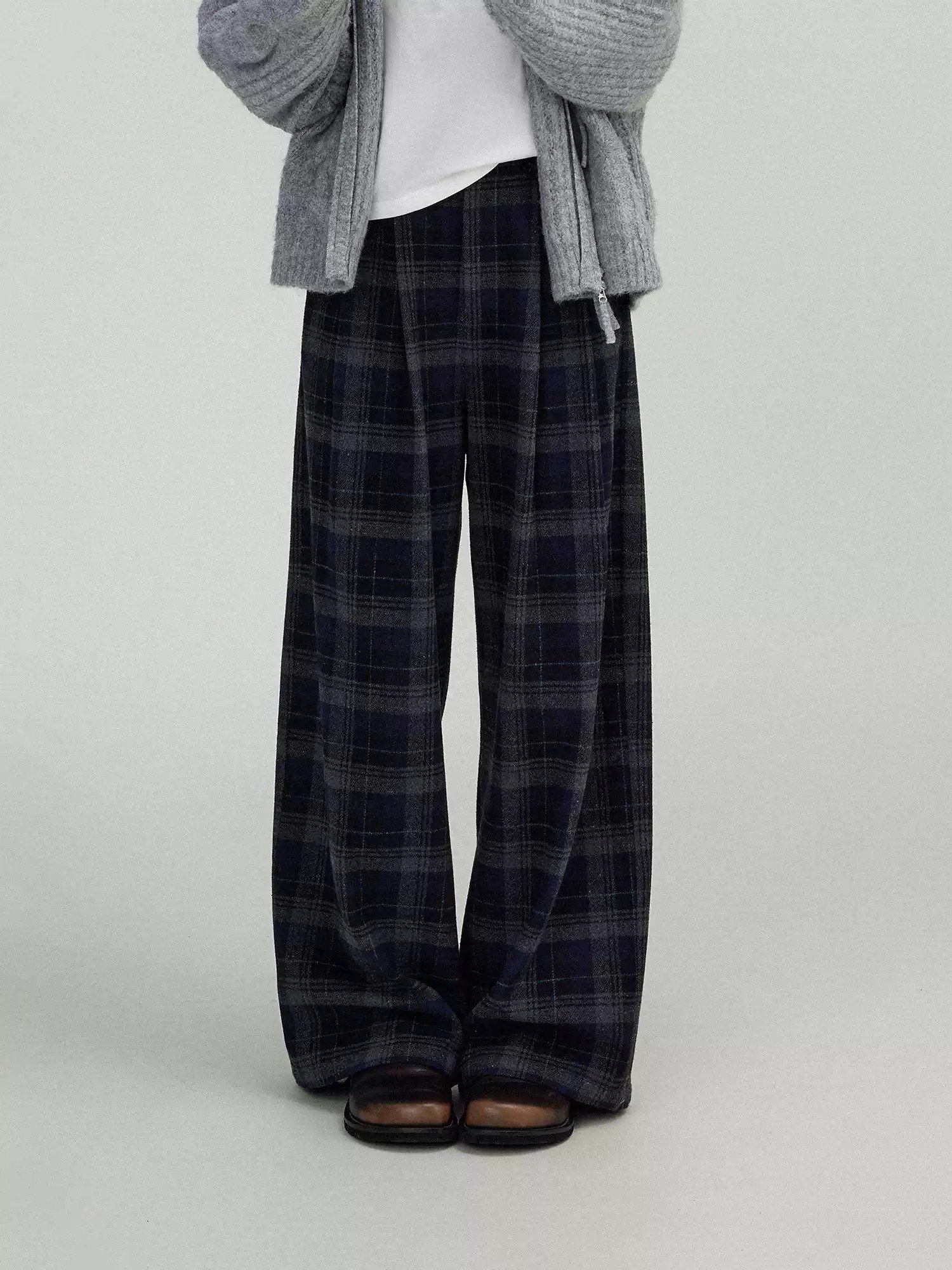 Wool Blend Plaid High-Waisted Slimming Wide-Leg Pants - 图片 4