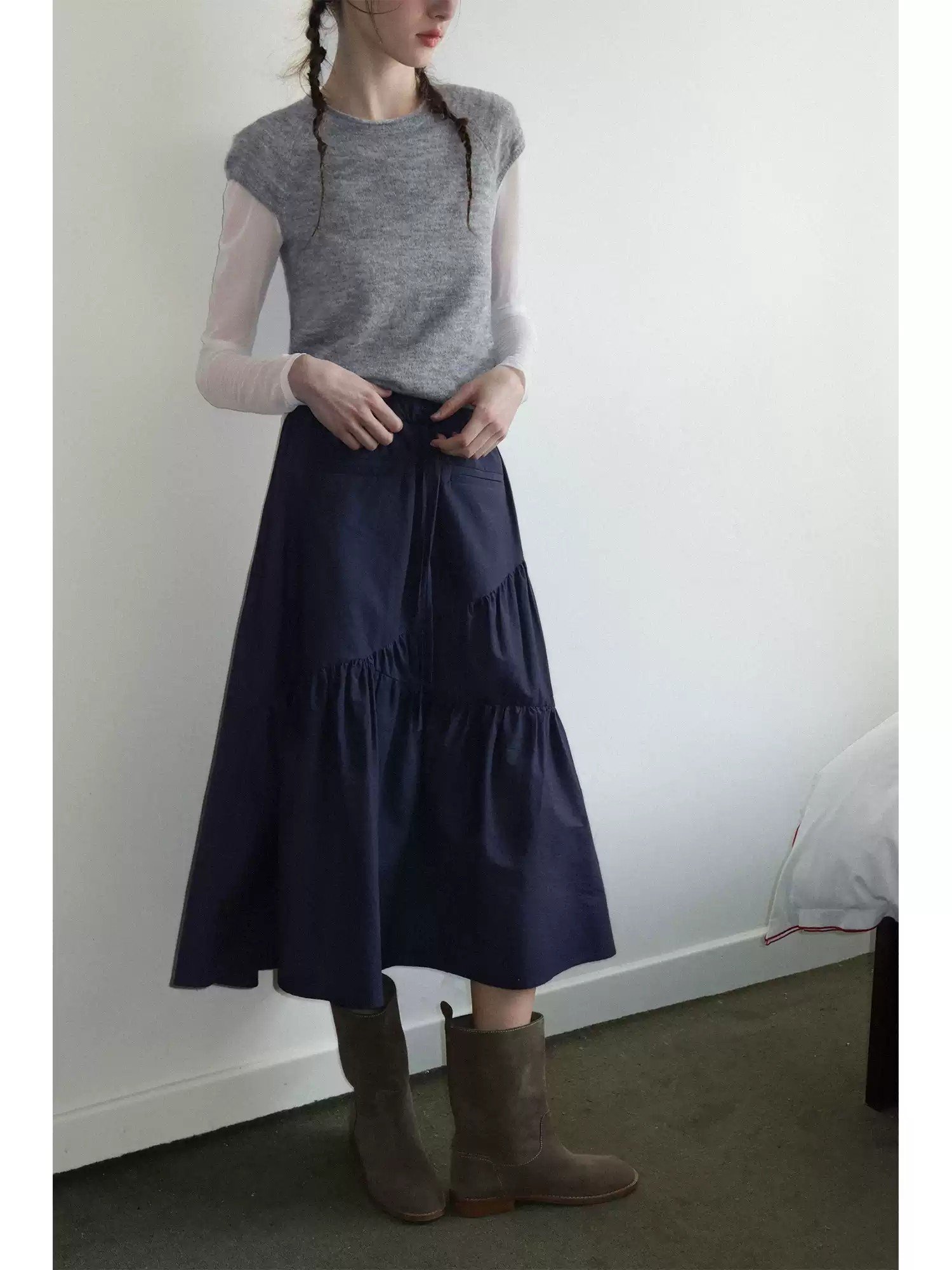 Vintage Ruffled Irregular Tiered Midi Skirt - 图片 2