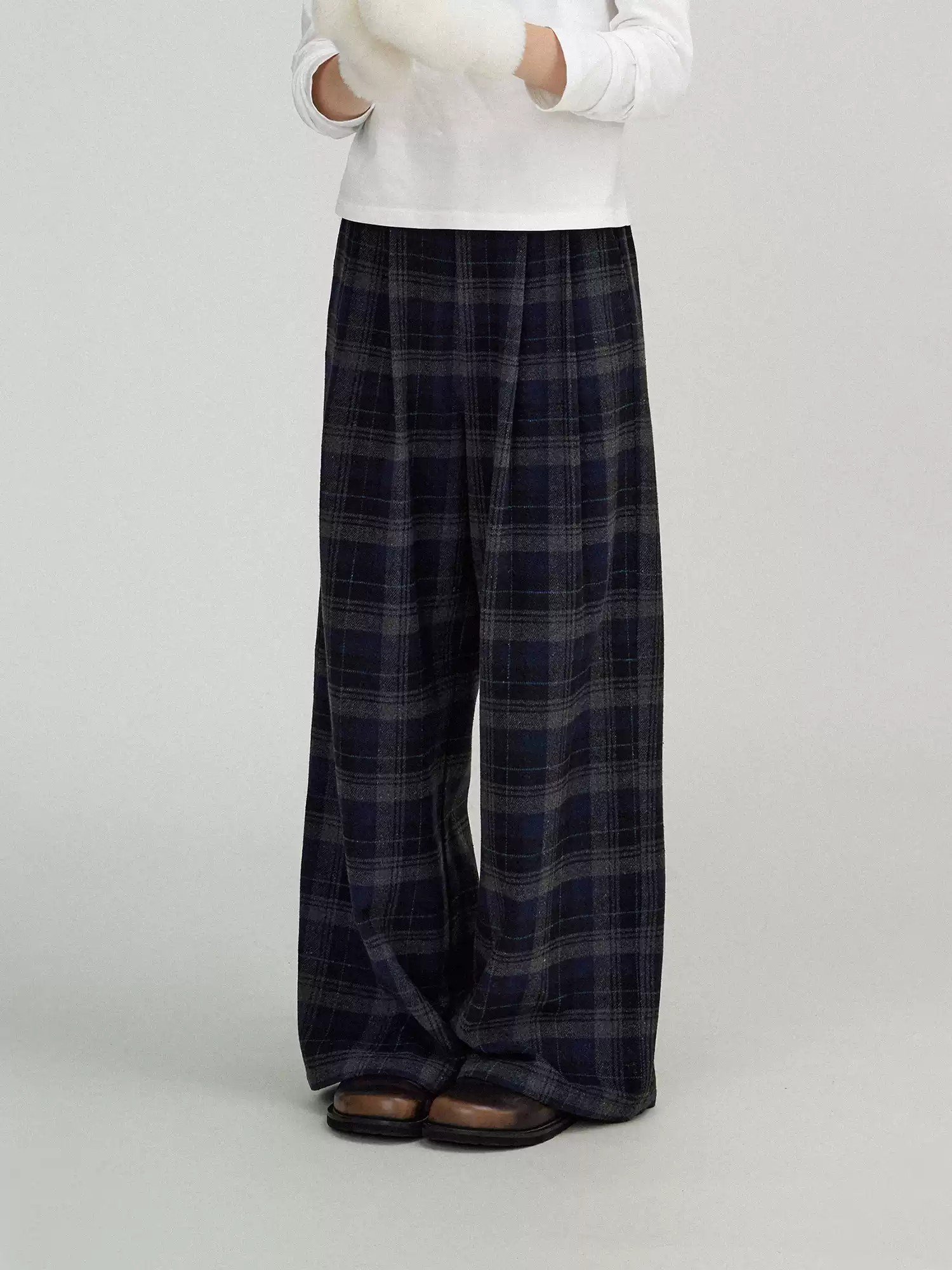 Wool Blend Plaid High-Waisted Slimming Wide-Leg Pants - 图片 3