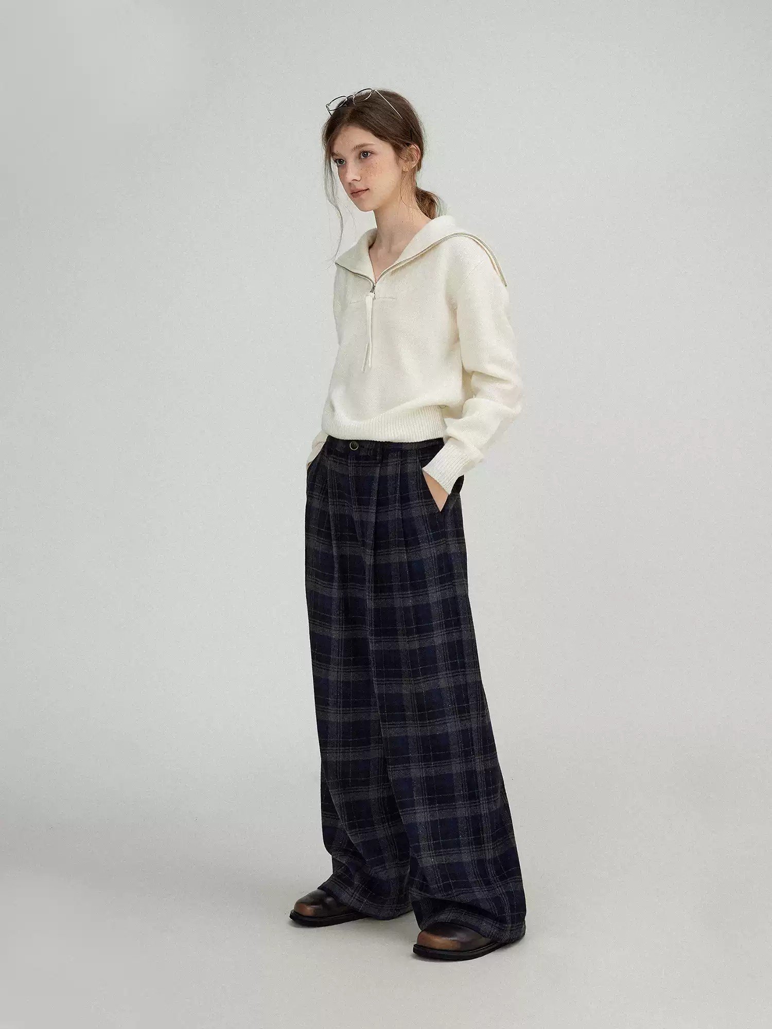 Wool Blend Plaid High-Waisted Slimming Wide-Leg Pants - 图片 2