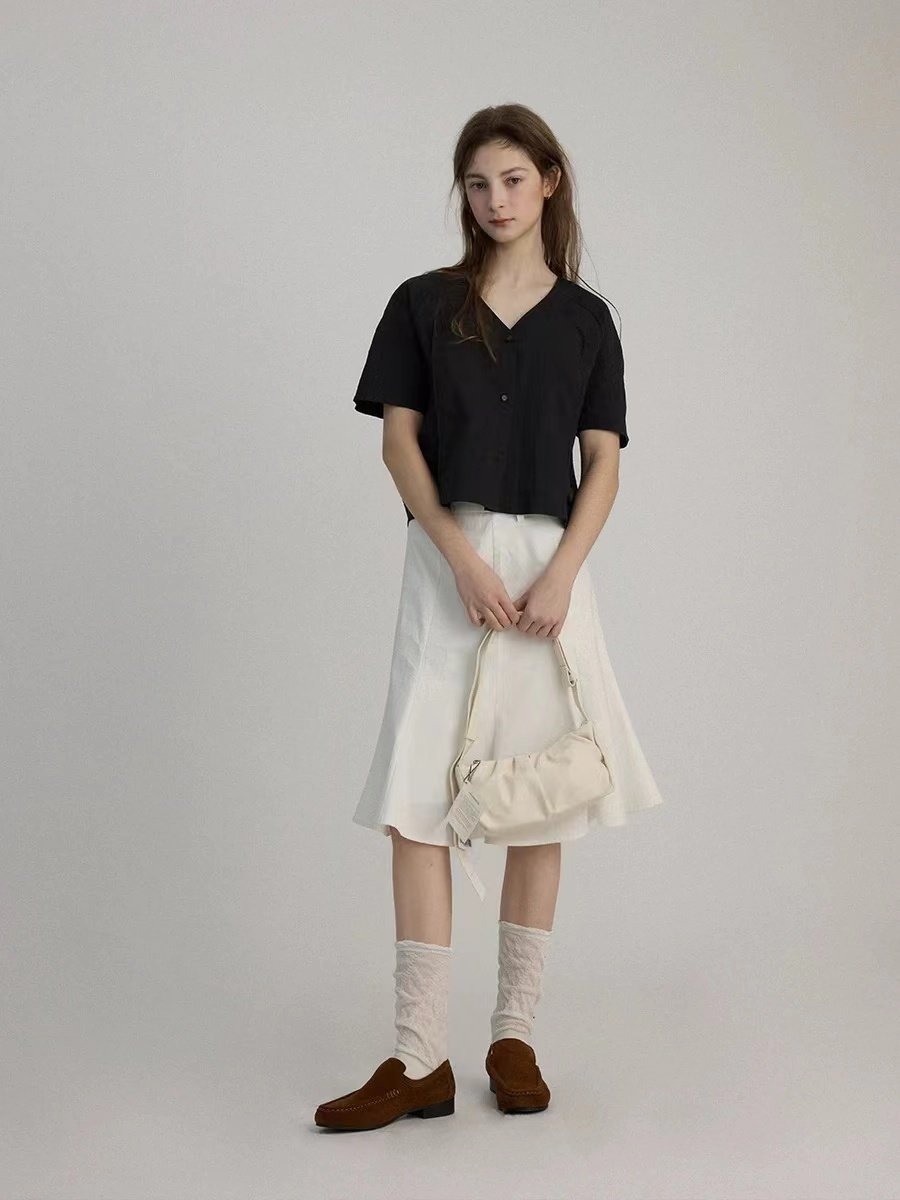 Vintage V-Neck Short Sleeve Shirt T-shirt for Women - 图片 2