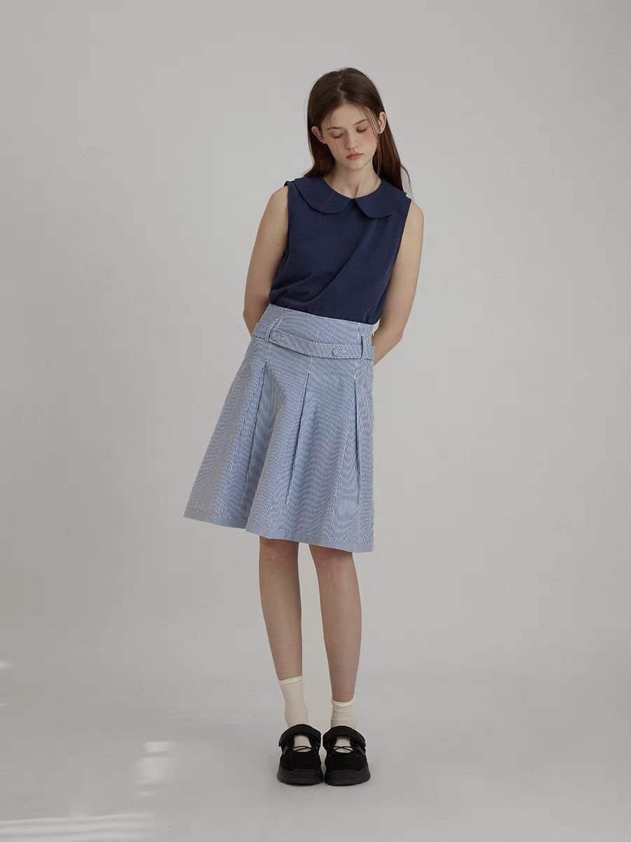 Nordic Blue Striped Pleated High-Waisted Skirt - 图片 2