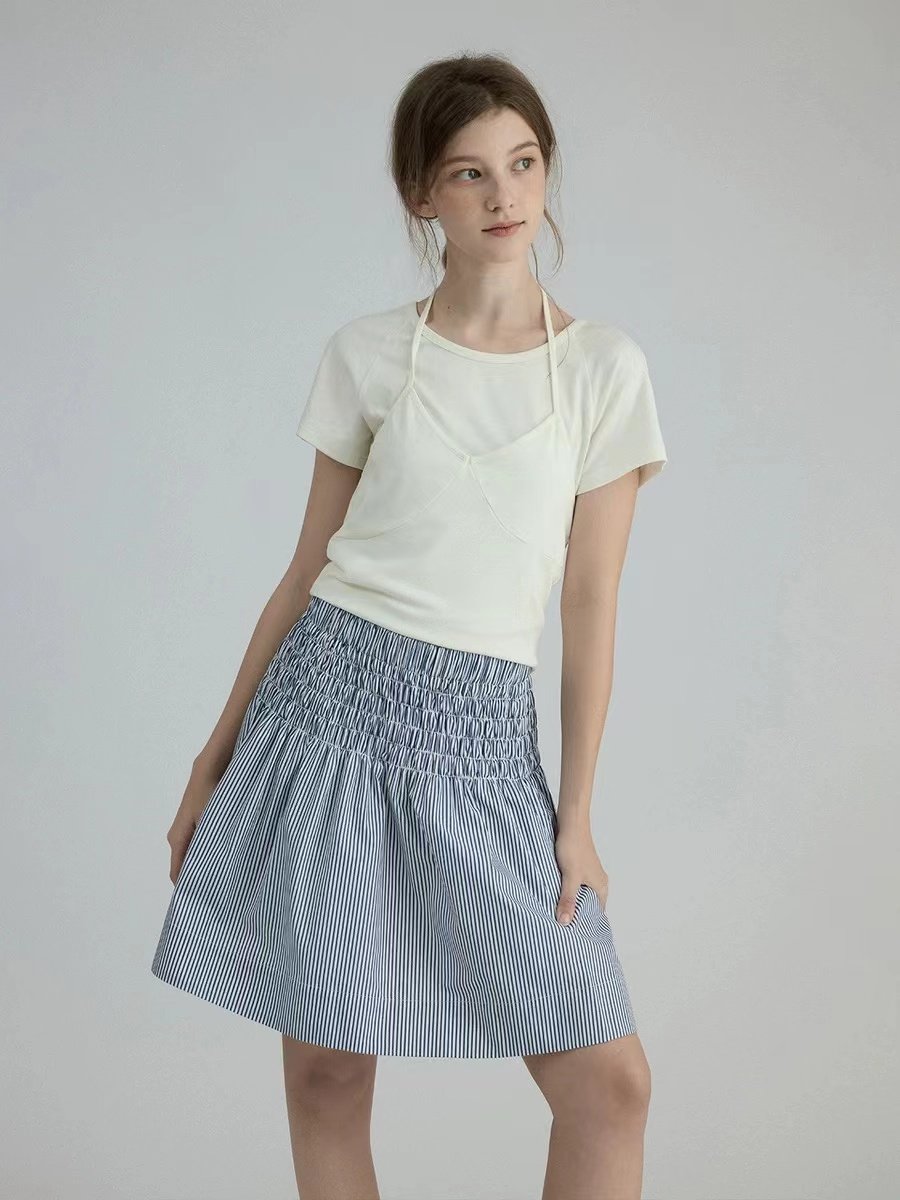 Round Neck Slimming Short Sleeve T-shirt with Tank Top Set - 图片 3