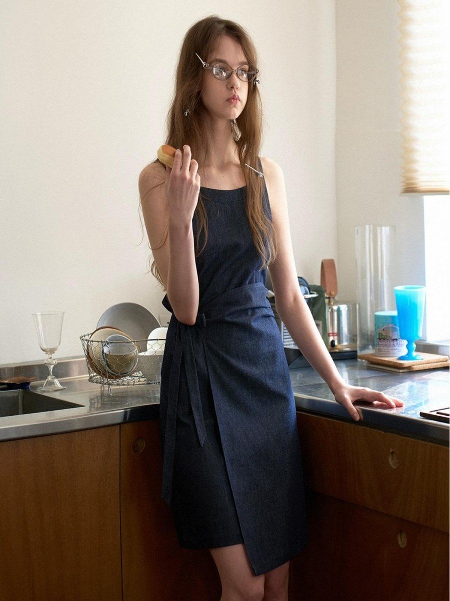 Wrap-Style Reactive Dyed Denim Dress - 图片 2